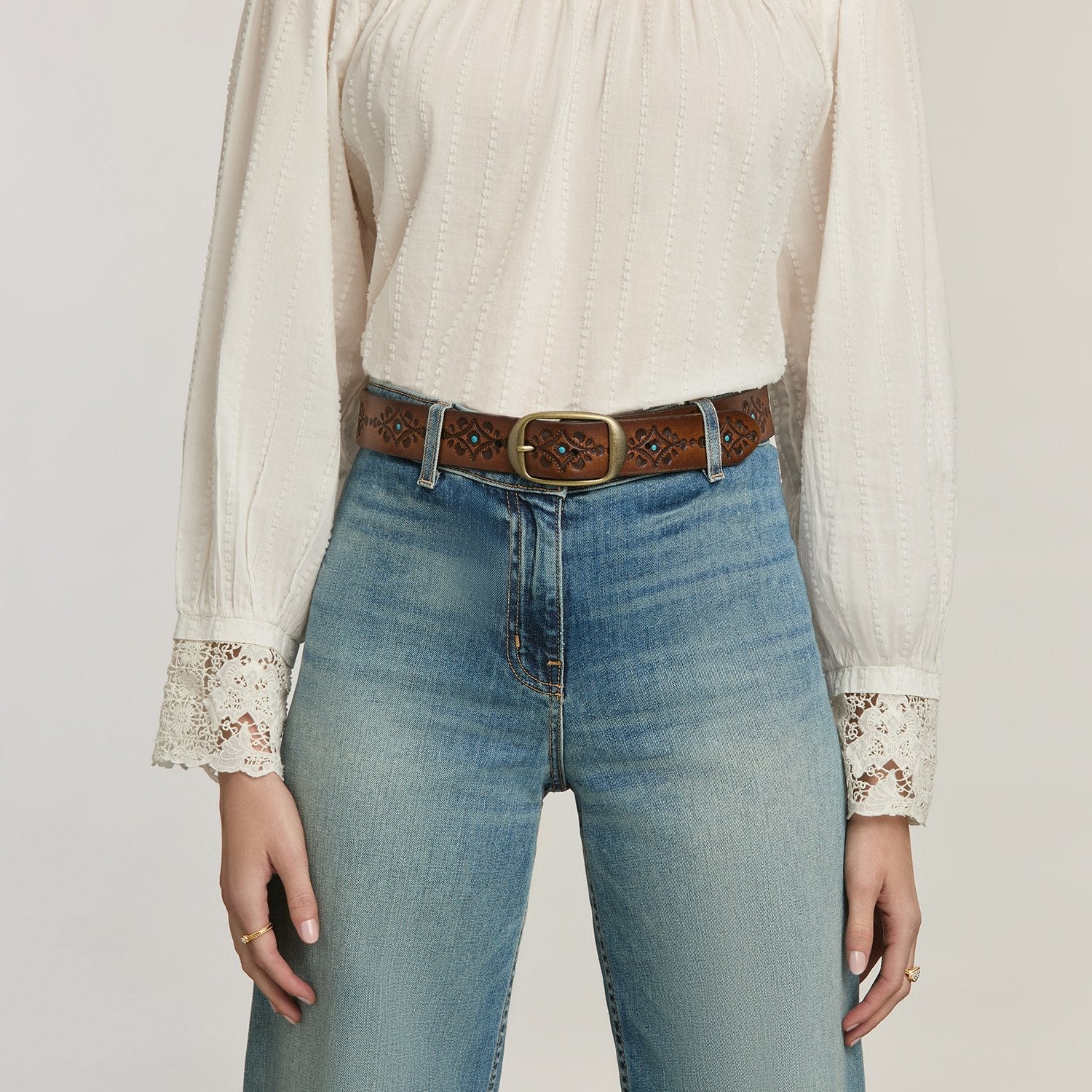 Brighton Blue Nessa Belt in brown tooled leather with turquoise accents and gold buckle at ooh la la! in Grapevine TX 76051