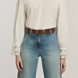 Brighton Blue Nessa Belt in brown tooled leather with turquoise accents and gold buckle at ooh la la! in Grapevine TX 76051