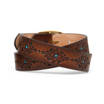 Brighton Blue Nessa Belt in brown tooled leather with turquoise accents and gold buckle at ooh la la! in Grapevine TX 76051
