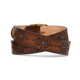 Brighton Blue Nessa Belt in brown tooled leather with turquoise accents and gold buckle at ooh la la! in Grapevine TX 76051