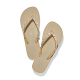 Brighton flip flops, golden sandals, comfortable arch support sandals, silver plated flip flops, designer beach shoes, embellished thong sandals, pearl heart flip flops, luxury rubber sandals. at ooh la la! in Grapevine TX 76051