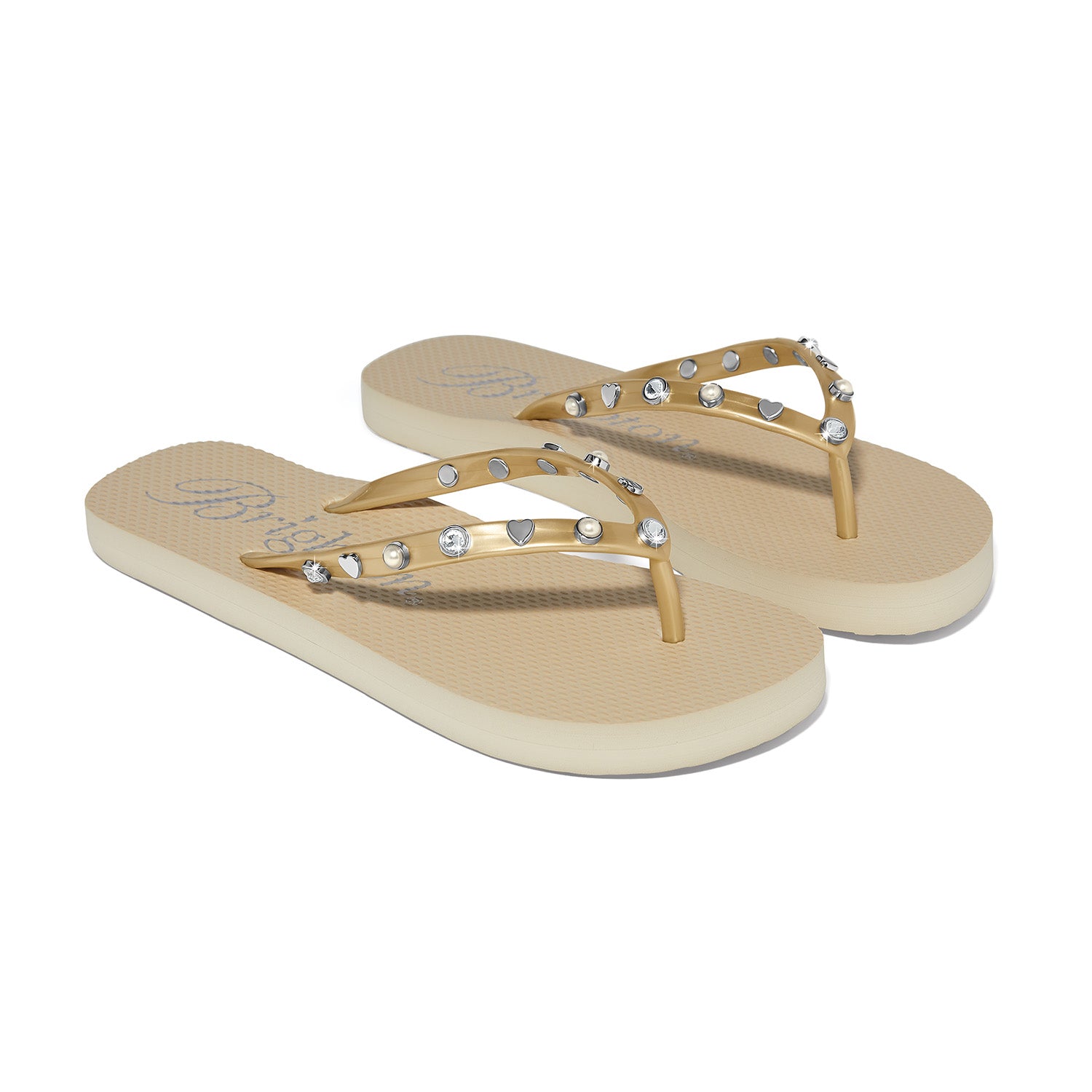 Brighton flip flops, golden sandals, comfortable arch support sandals, silver plated flip flops, designer beach shoes, embellished thong sandals, pearl heart flip flops, luxury rubber sandals. at ooh la la! in Grapevine TX 76051