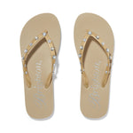 Brighton flip flops, golden sandals, comfortable arch support sandals, silver plated flip flops, designer beach shoes, embellished thong sandals, pearl heart flip flops, luxury rubber sandals. at ooh la la! in Grapevine TX 76051