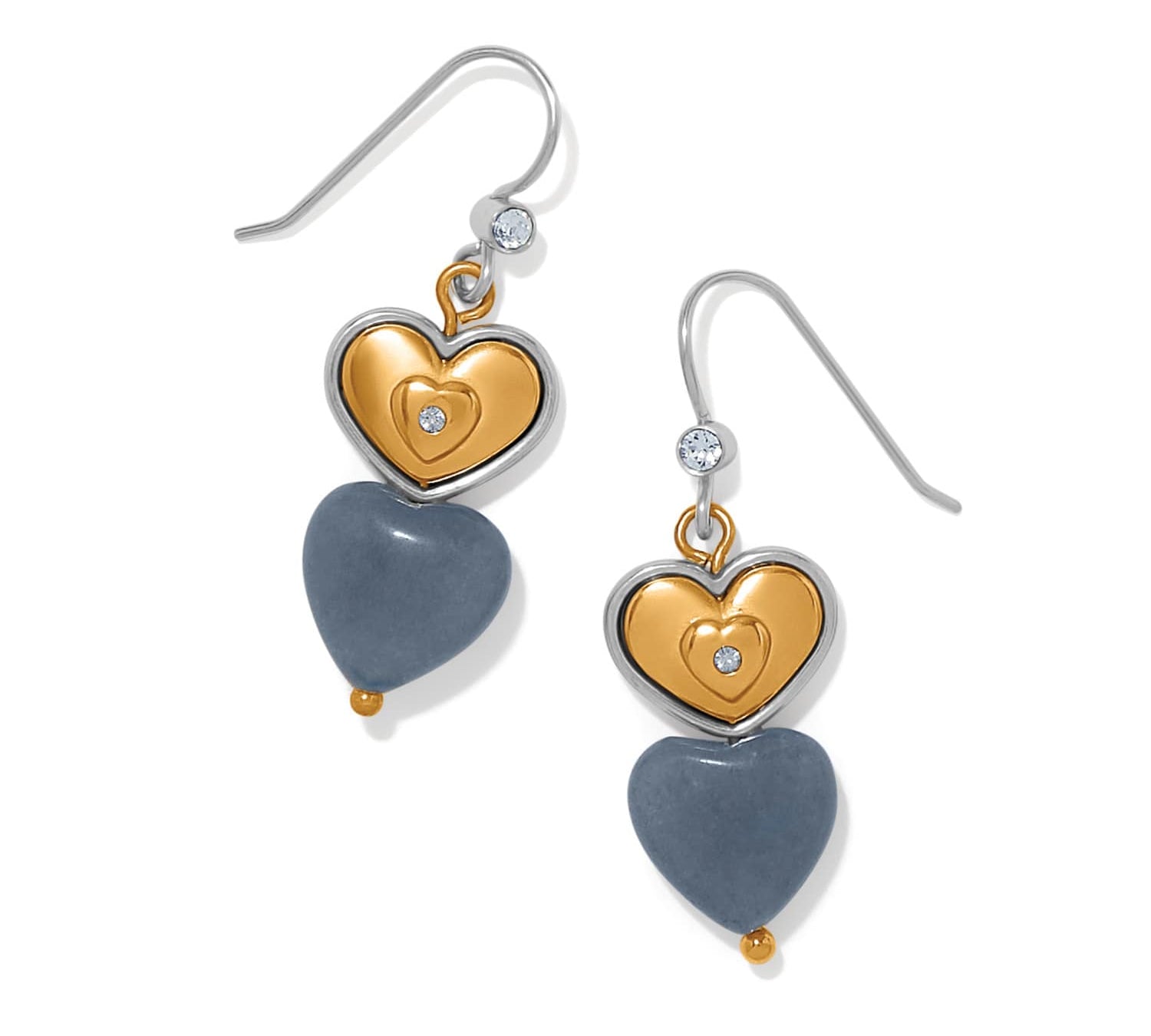 Brighton One Heart Duo French Wire Earrings featuring gold hearts and gray stone drops