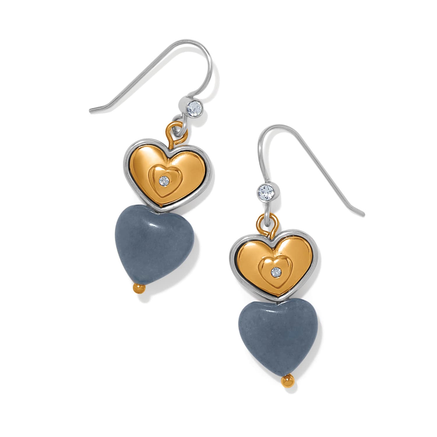 Brighton One Heart Duo French Wire Earrings featuring gold hearts and gray stone drops