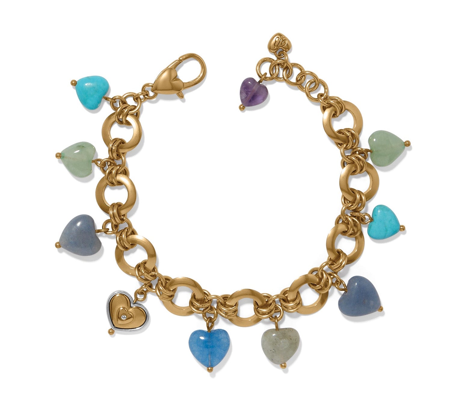 Brighton One Heart Multi Heart Bead Link Bracelet with colorful gemstone heart charms on gold chain