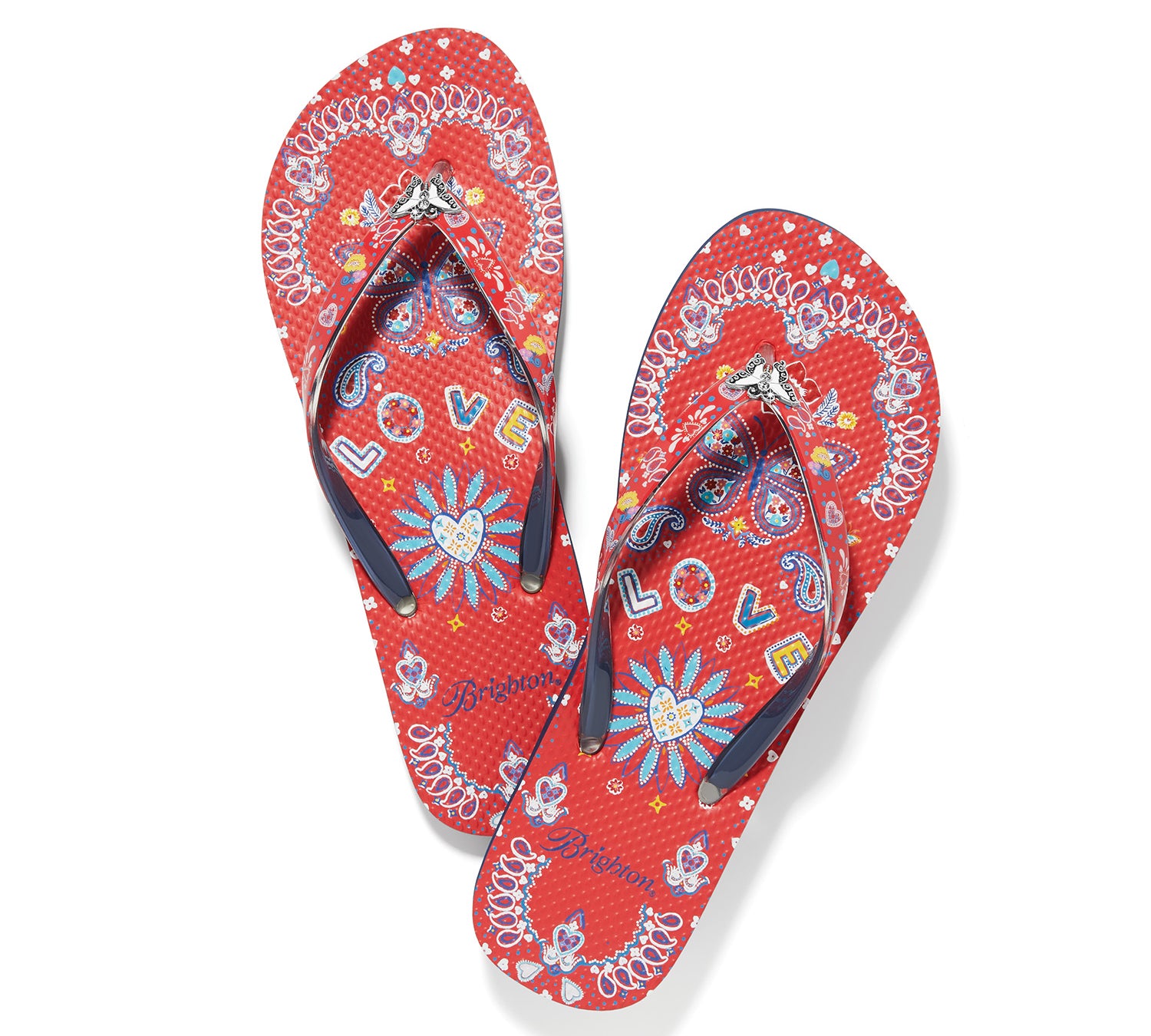 Brighton sandals, red flip flops, paisley print thongs, arch support sandals, bandanna print shoes, women's designer flip flops, summer beach footwear. at ooh la la in Grapevine TX 76051