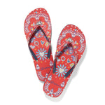 Brighton sandals, red flip flops, paisley print thongs, arch support sandals, bandanna print shoes, women's designer flip flops, summer beach footwear. at ooh la la in Grapevine TX 76051