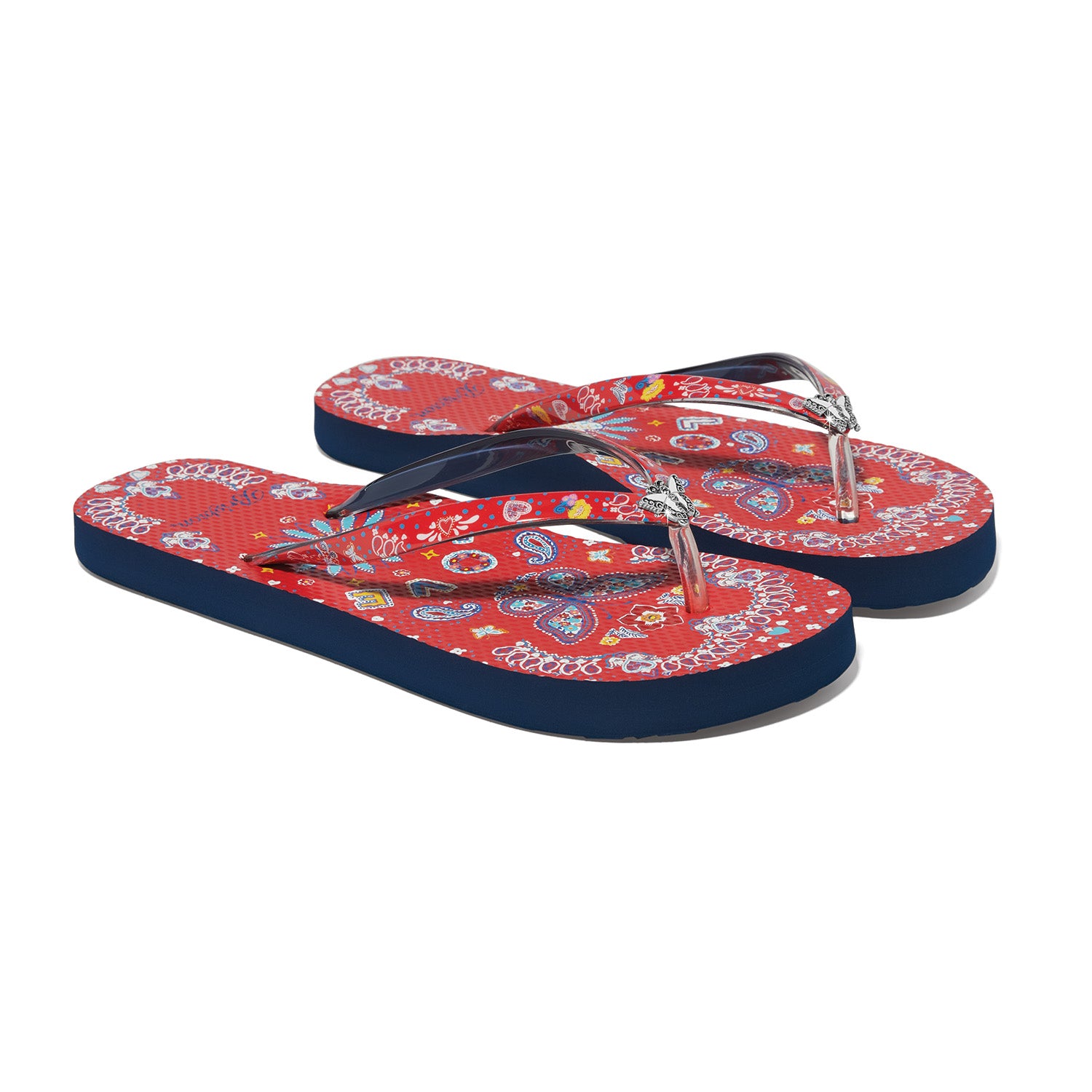 Brighton sandals, red flip flops, paisley print thongs, arch support sandals, bandanna print shoes, women's designer flip flops, summer beach footwear. at ooh la la in Grapevine TX 76051