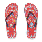 Brighton sandals, red flip flops, paisley print thongs, arch support sandals, bandanna print shoes, women's designer flip flops, summer beach footwear. at ooh la la in Grapevine TX 76051