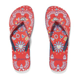 Brighton sandals, red flip flops, paisley print thongs, arch support sandals, bandanna print shoes, women's designer flip flops, summer beach footwear. at ooh la la in Grapevine TX 76051