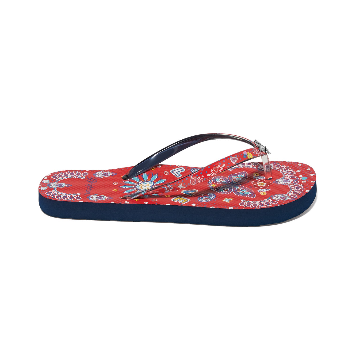 Brighton sandals, red flip flops, paisley print thongs, arch support sandals, bandanna print shoes, women's designer flip flops, summer beach footwear. at ooh la la in Grapevine TX 76051