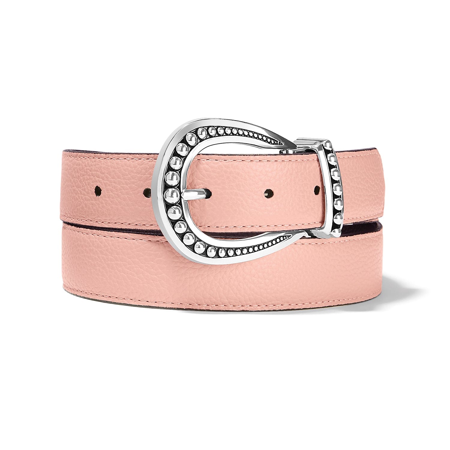 Pink leather belt with silver studded buckle on white background