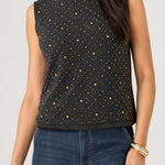 Liverpool black sleeveless embellished knit to woven top with gold studs paired with jeans