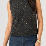 Liverpool black sleeveless embellished knit to woven top with gold studs paired with jeans