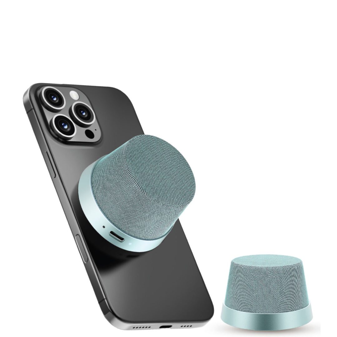 PhunkeeTree Magnetic Bluetooth Speaker attached to iPhone and shown standalone in mint color