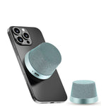 PhunkeeTree Magnetic Bluetooth Speaker attached to iPhone and shown standalone in mint color