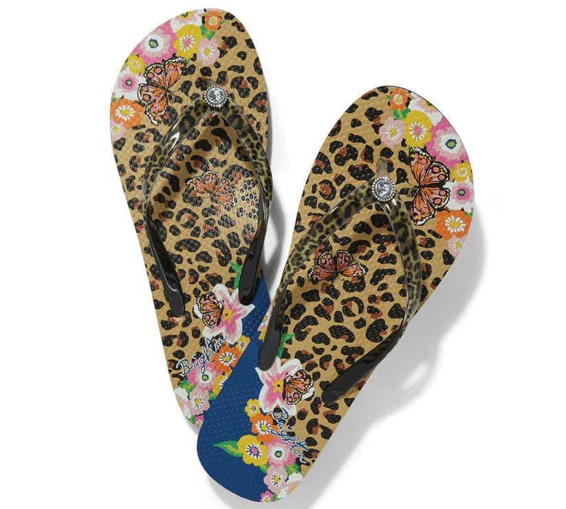 Brighton flip flops, leopard print sandals, butterfly beach shoes, designer flip flops with pouch, women's summer footwear, floral leopard sandals, luxury rubber flip flops. at ooh la la! in Grapevine TX 76051