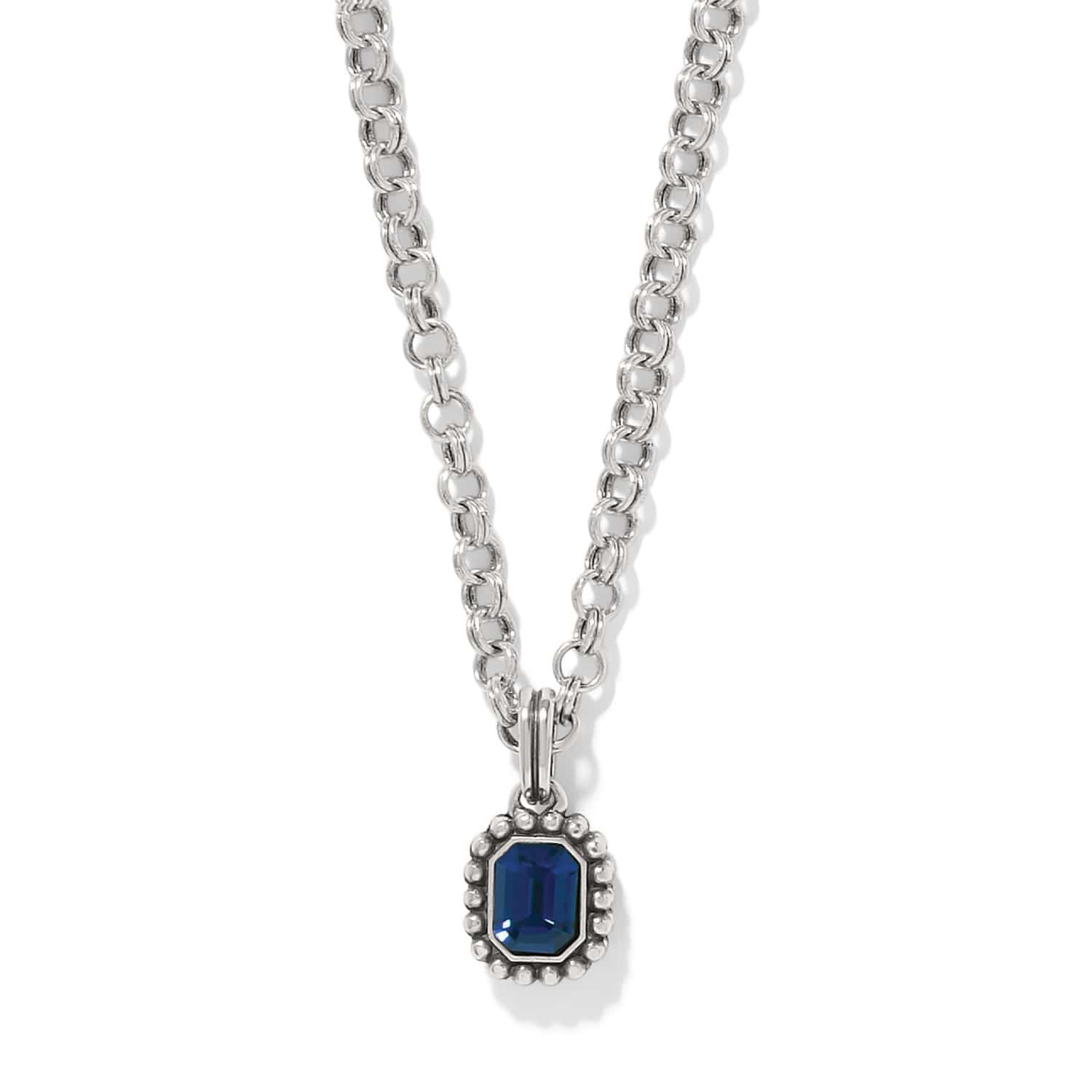 Brighton Twinkle Luxe Blue Necklace with silver rolo chain and navy blue emerald-cut pendant