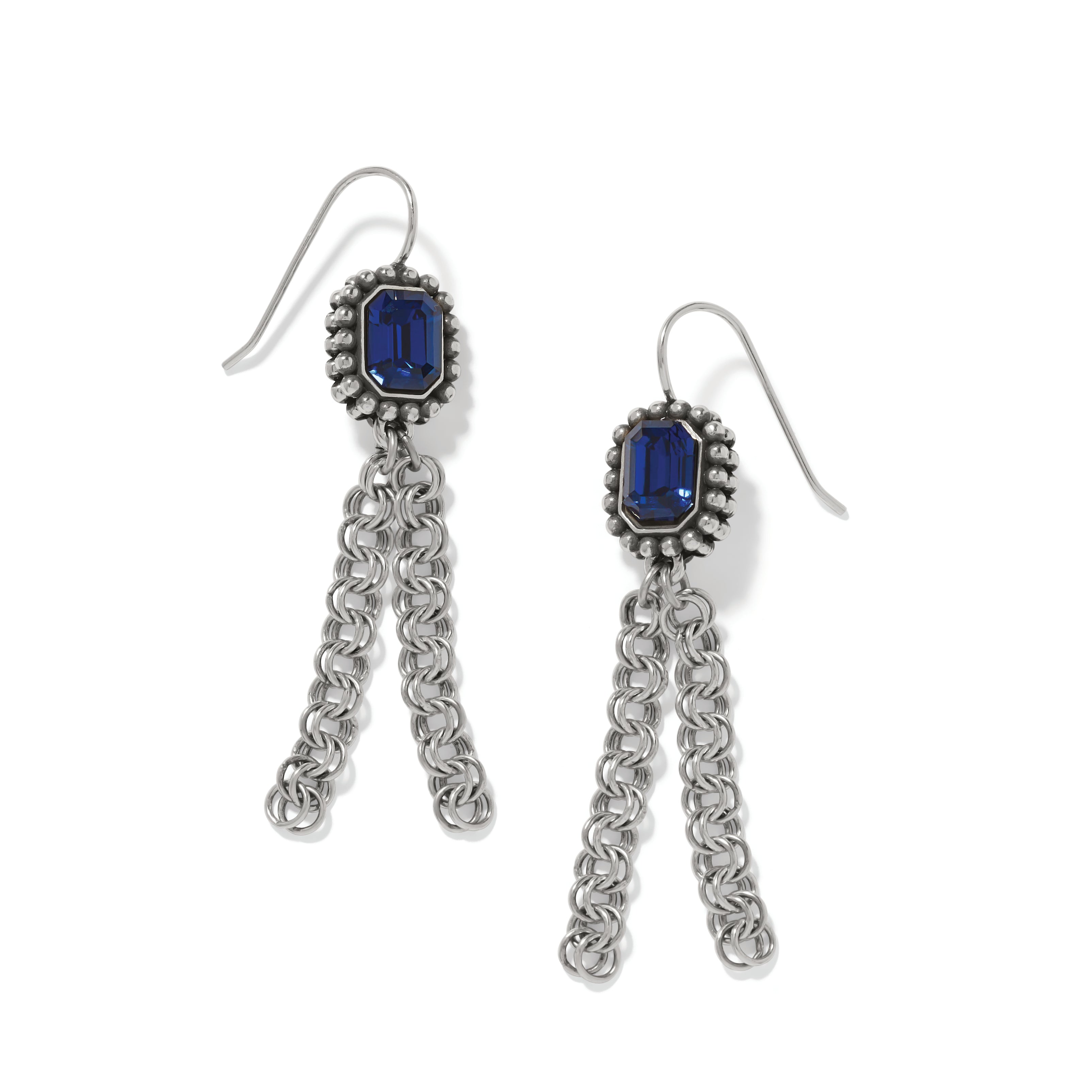 Brighton Twinkle Luxe Tassel Blue French Wire Earrings with silver chainmail tassels and blue crystal