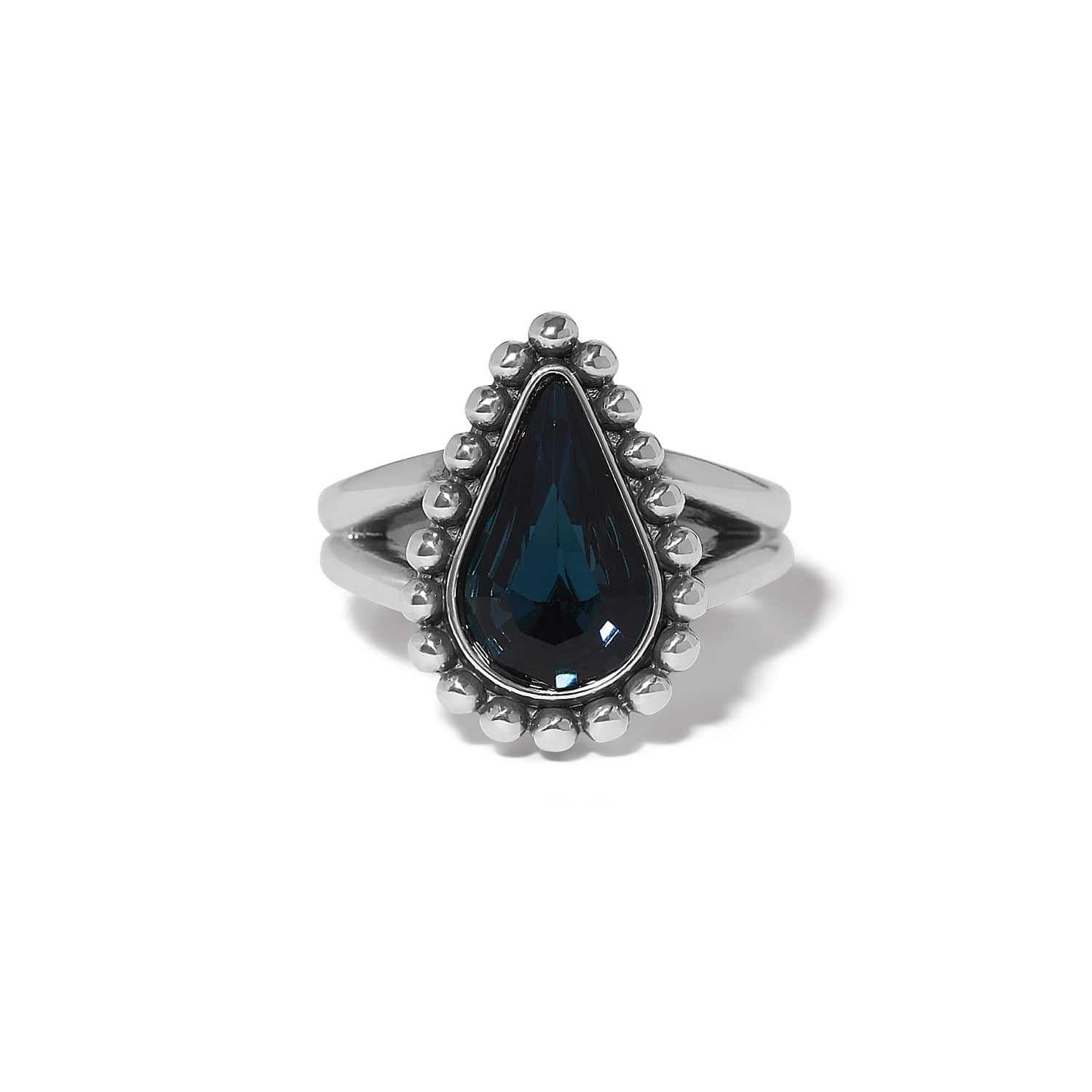 Brighton Twinkle Luxe Teardrop Blue Ring with dark navy stone and silver beaded halo setting