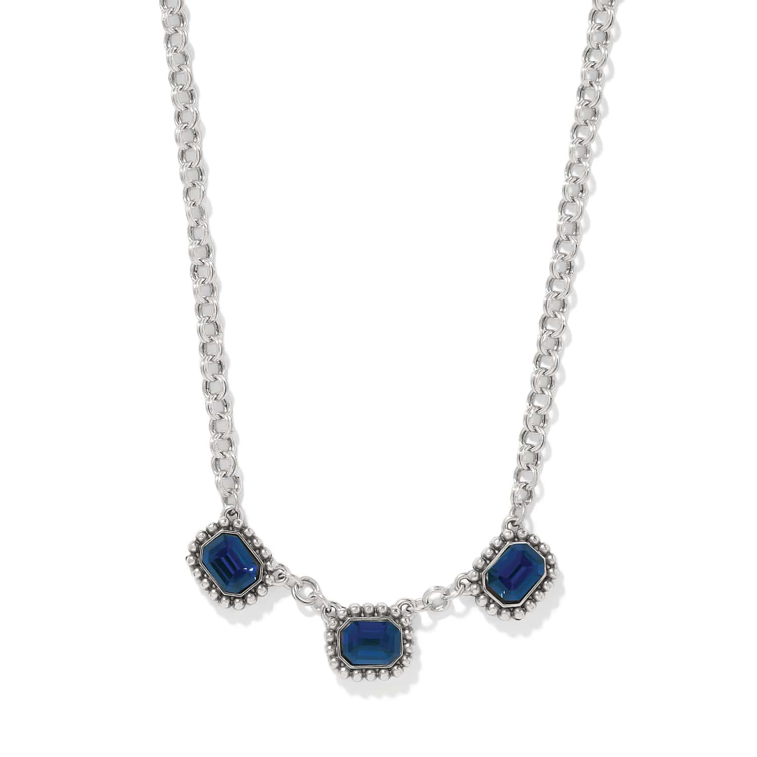 Brighton Twinkle Luxe Trio Blue Necklace with three navy blue emerald-cut crystals on silver chain