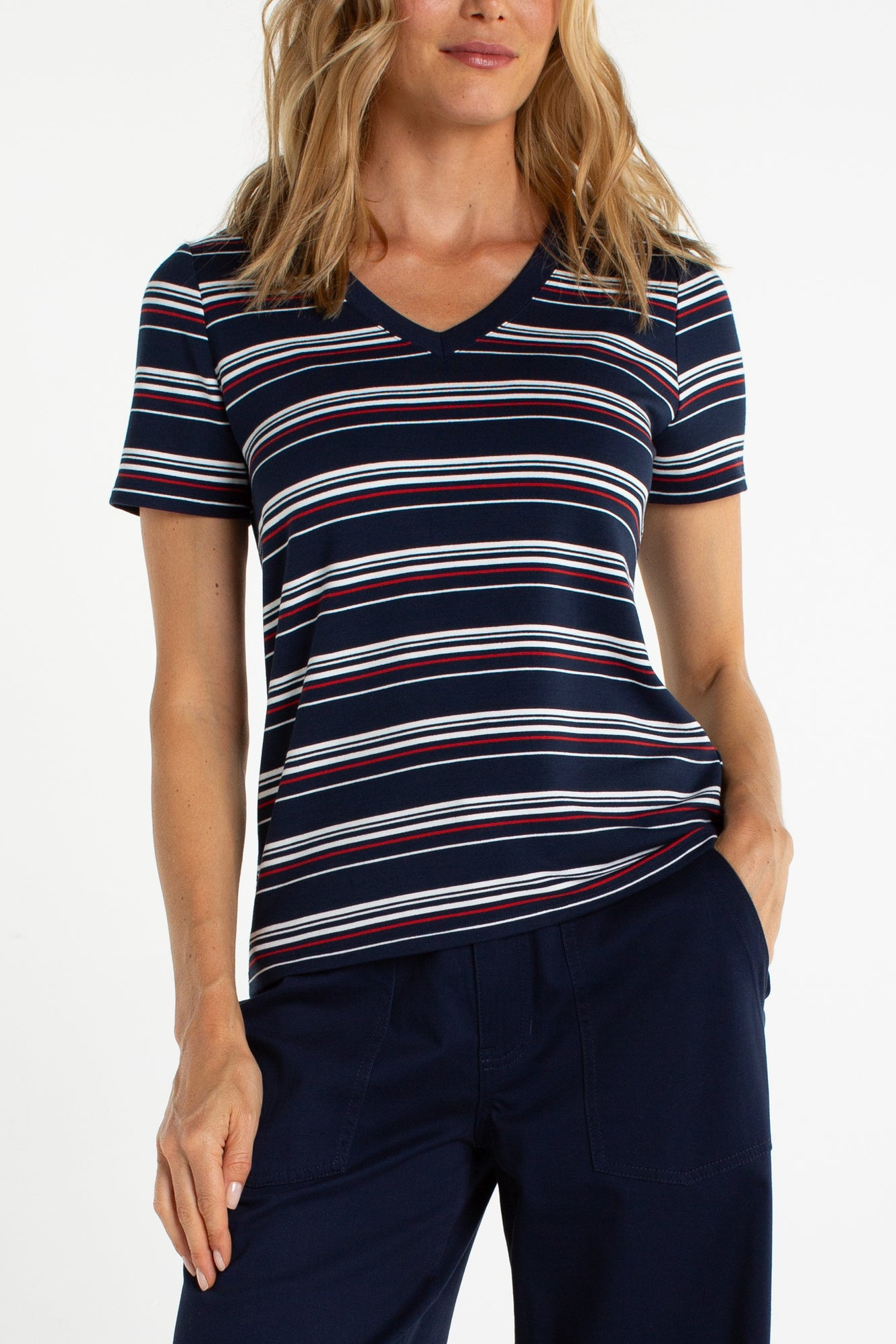 Liverpool Stripe V-Neck Knit Tee at Ooh La La! in Grapevine TX 76051