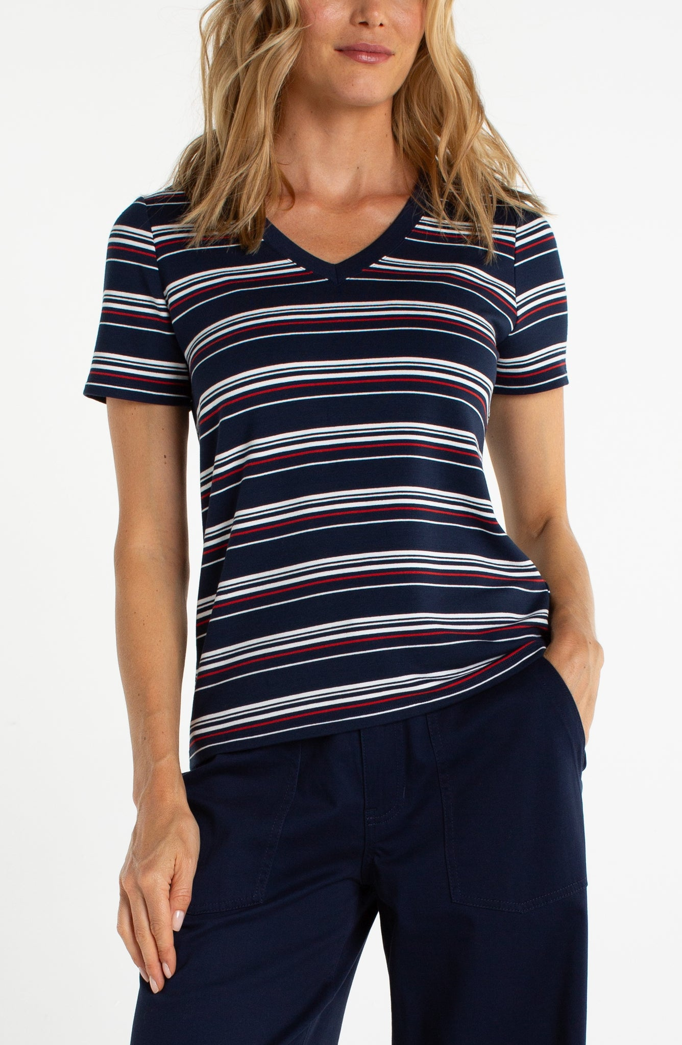 Liverpool Stripe V-Neck Knit Tee at Ooh La La! in Grapevine TX 76051