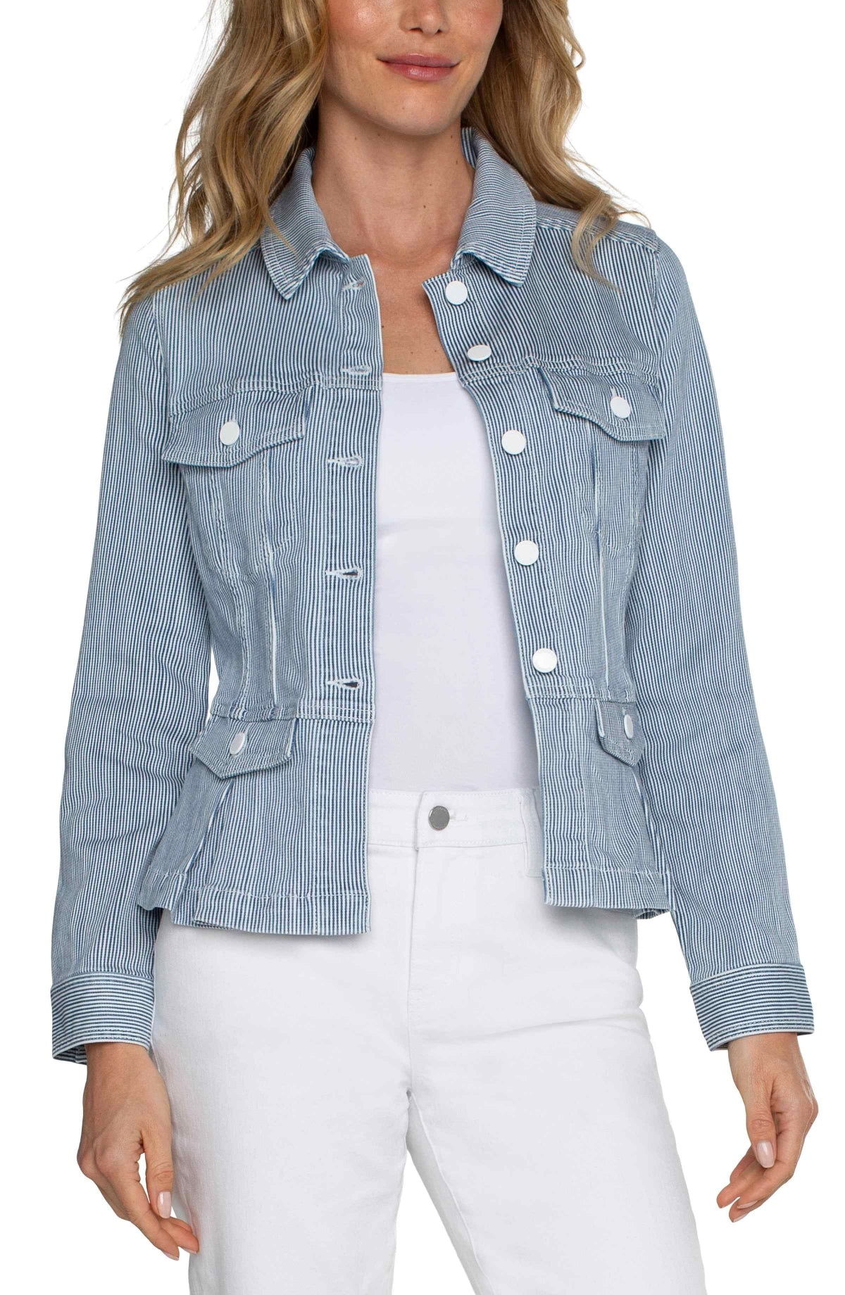 Liverpool Peplum Denim Jacket in chambray stripe at ooh la la! in Grapevine TX 76051