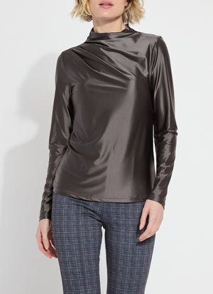 Lysse Shalom Satin Jersey Funnel Neck Top in Gray Ash at ooh la la! in Grapevine TX 76051