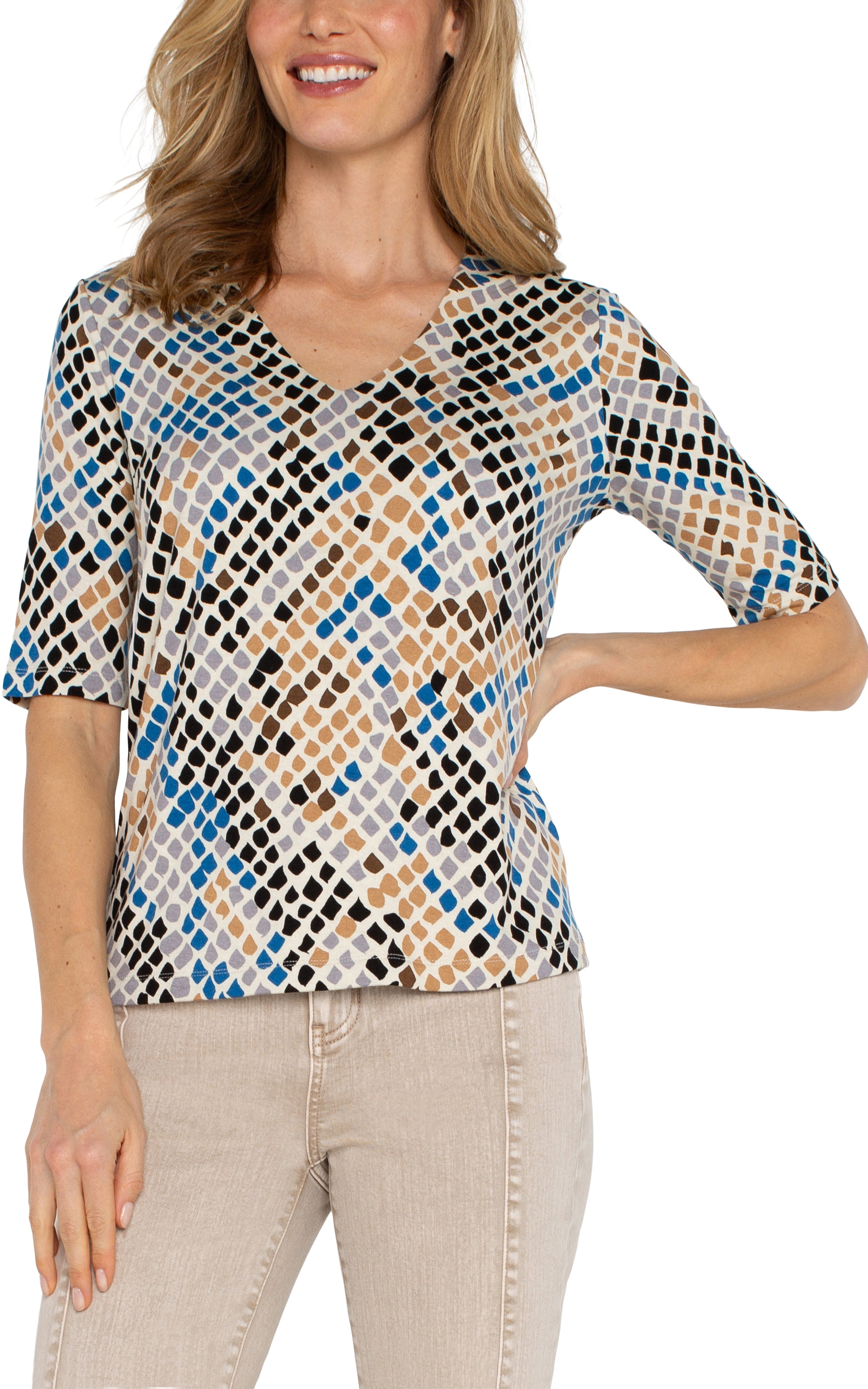 Liverpool Half Sleeve V-Neck Print Top in lapis snake multi at ooh la la in Grapevine TX 76051