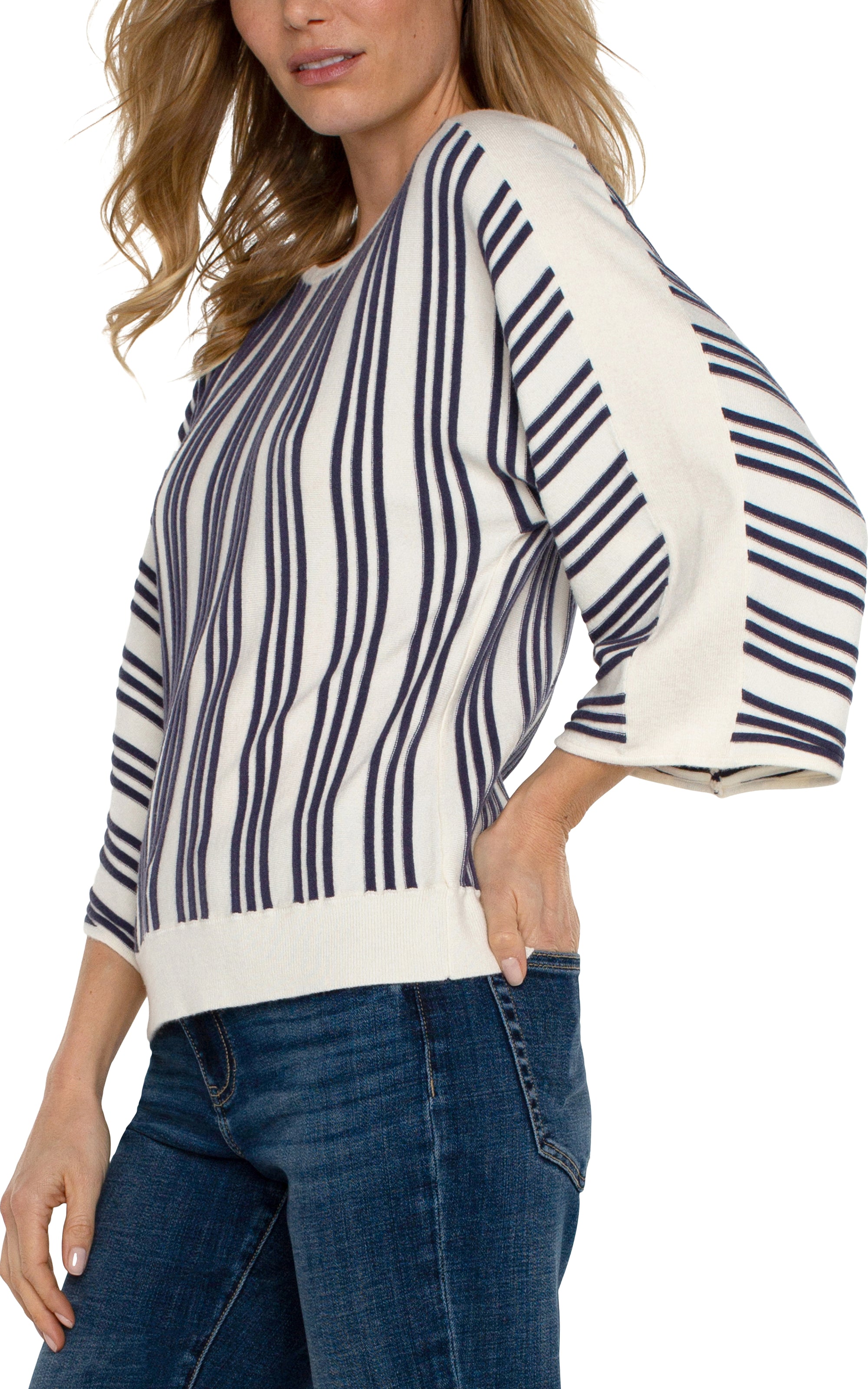 Liverpool Stripe 3/4 Dolman Sleeve Sweater in cream/navy at ooh la la! in Grapevine TX 76051