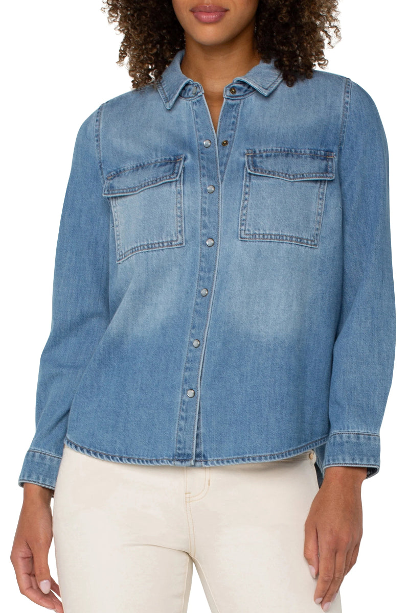 Liverpool Denim Snap Button Shirt with Pockets at ooh la la! in Grapevine TX 76051