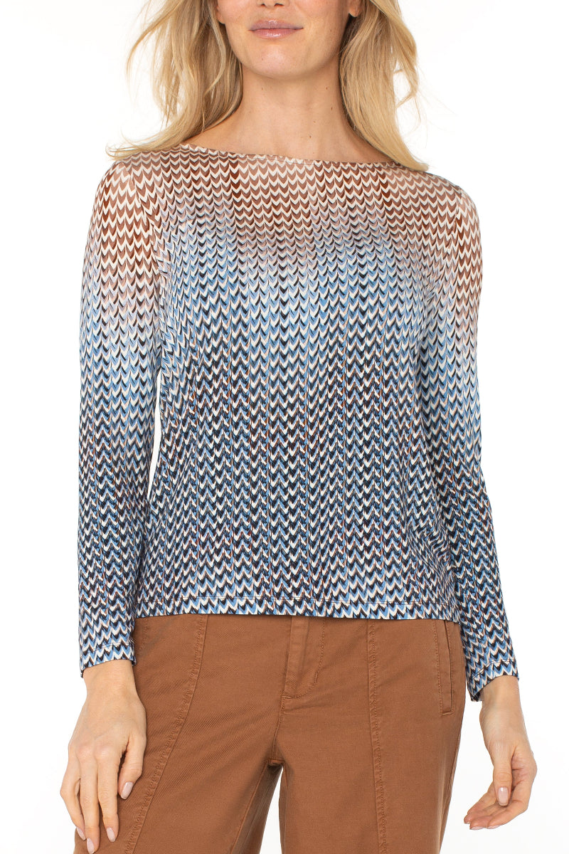 Liverpool Long Sleeve Boat Knit Top in blue tan multi at ooh la la! in Grapevine TX 76051