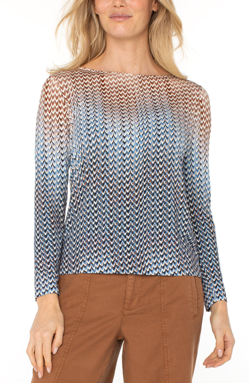Liverpool Long Sleeve Boat Knit Top in blue tan multi at ooh la la! in Grapevine TX 76051
