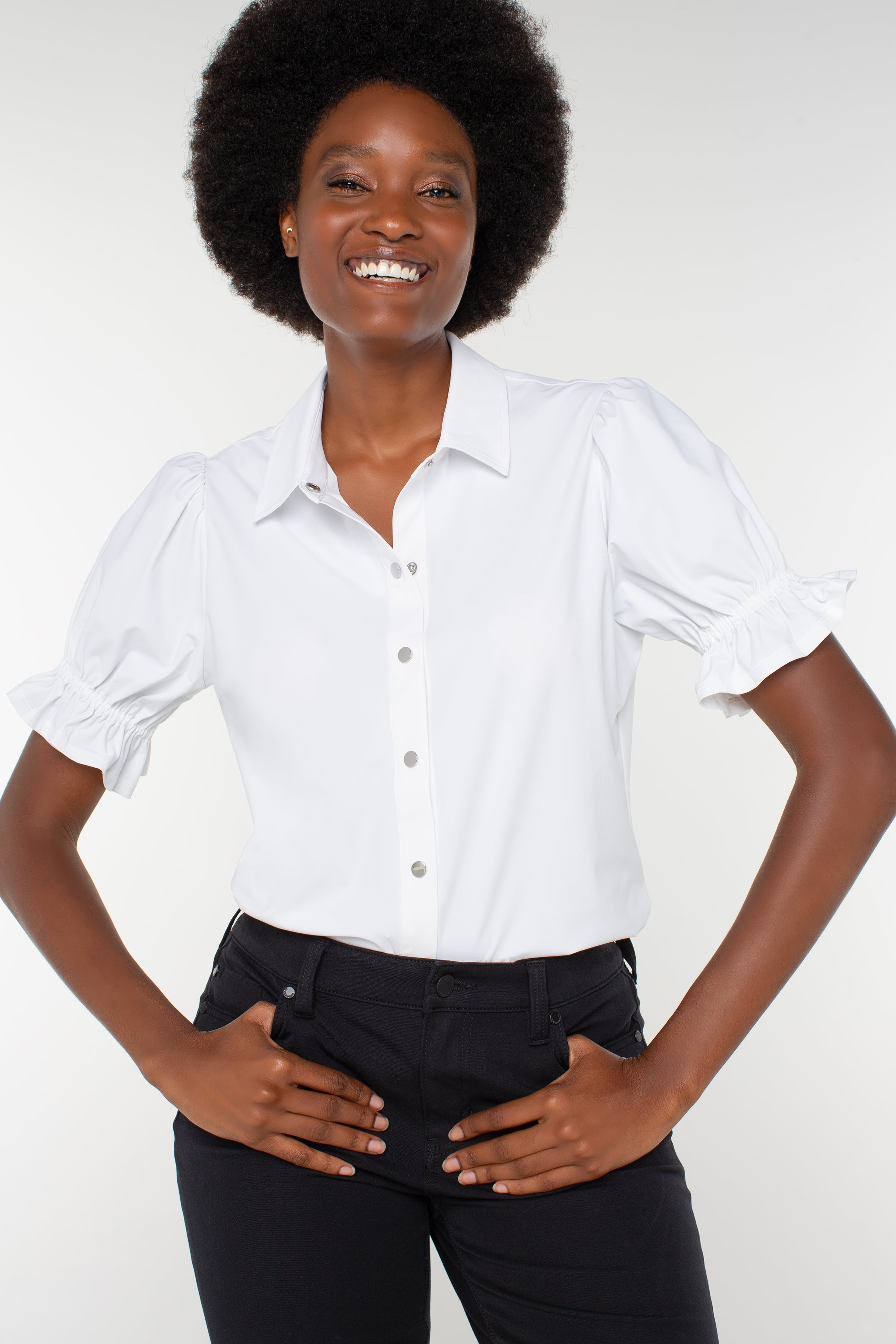 Liverpool Elbow Puff Sleeve Snap Front Shirt at Ooh La La! in Grapevine TX 76051