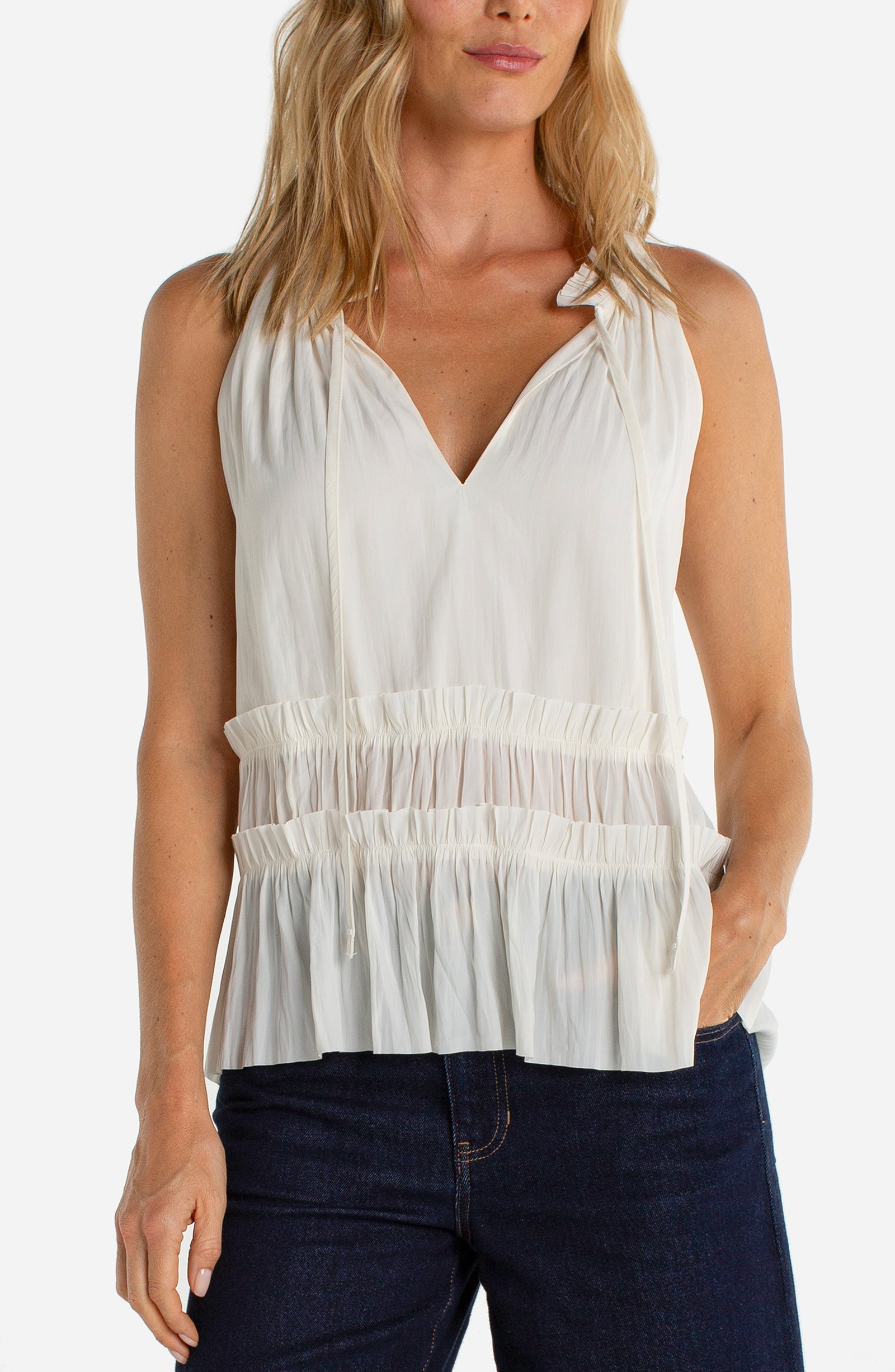 Liverpool Sleeveless Top with Ruffles at Ooh La La! in Grapevine TX 76051 