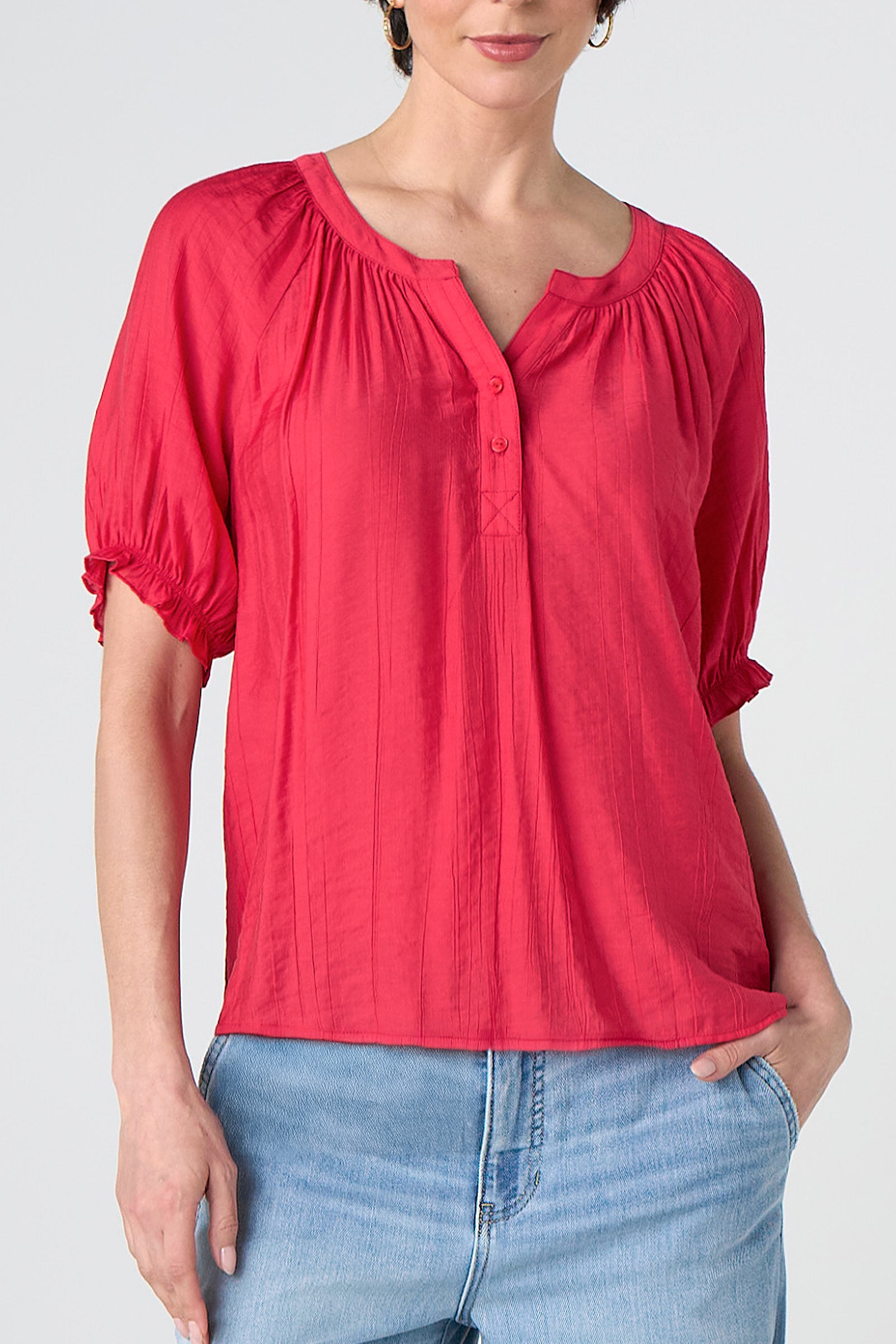 Liverpool Short Sleeve Half Placket Blouse in cherry rose at ooh la la in Grapevine TX 76051