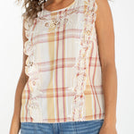 Liverpool cap sleeve dolman top with plaid pattern and white lace embroidery details