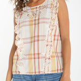 Liverpool cap sleeve dolman top with plaid pattern and white lace embroidery details