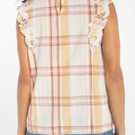 Back view of Liverpool cap sleeve dolman top with plaid pattern and lace trim