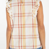 Back view of Liverpool cap sleeve dolman top with plaid pattern and lace trim