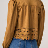Liverpool Puff Sleeve Faux Suede Jacket with Laser Cut Hem at ooh la la! in Grapevine TX 76051
