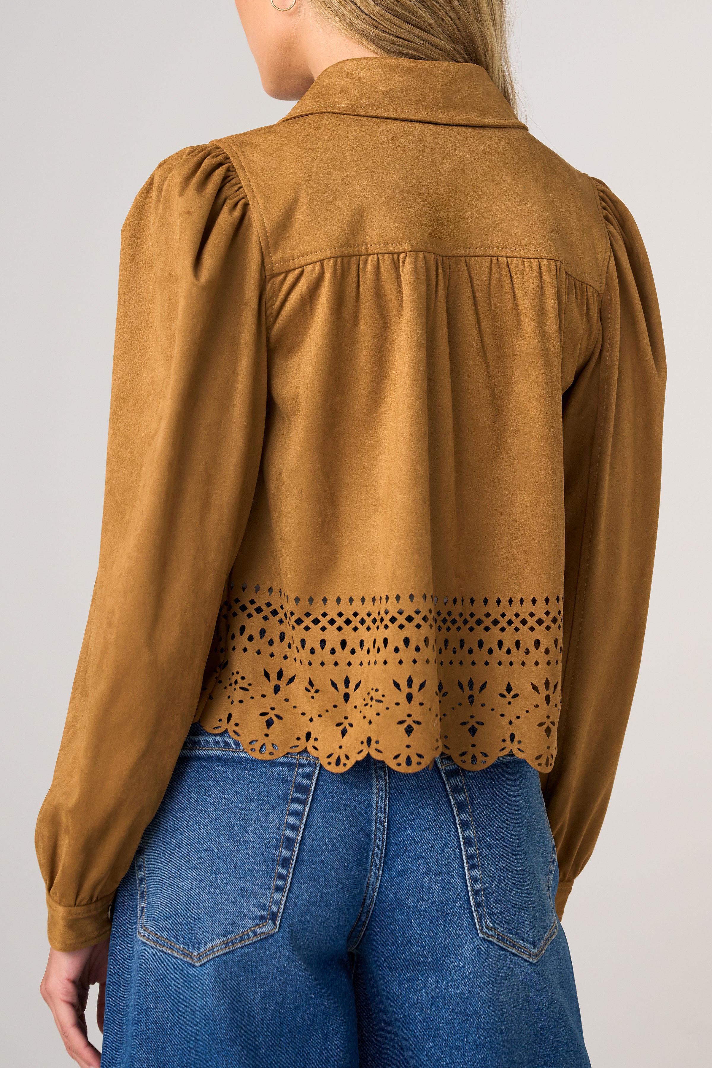 Liverpool Puff Sleeve Faux Suede Jacket with Laser Cut Hem at ooh la la! in Grapevine TX 76051