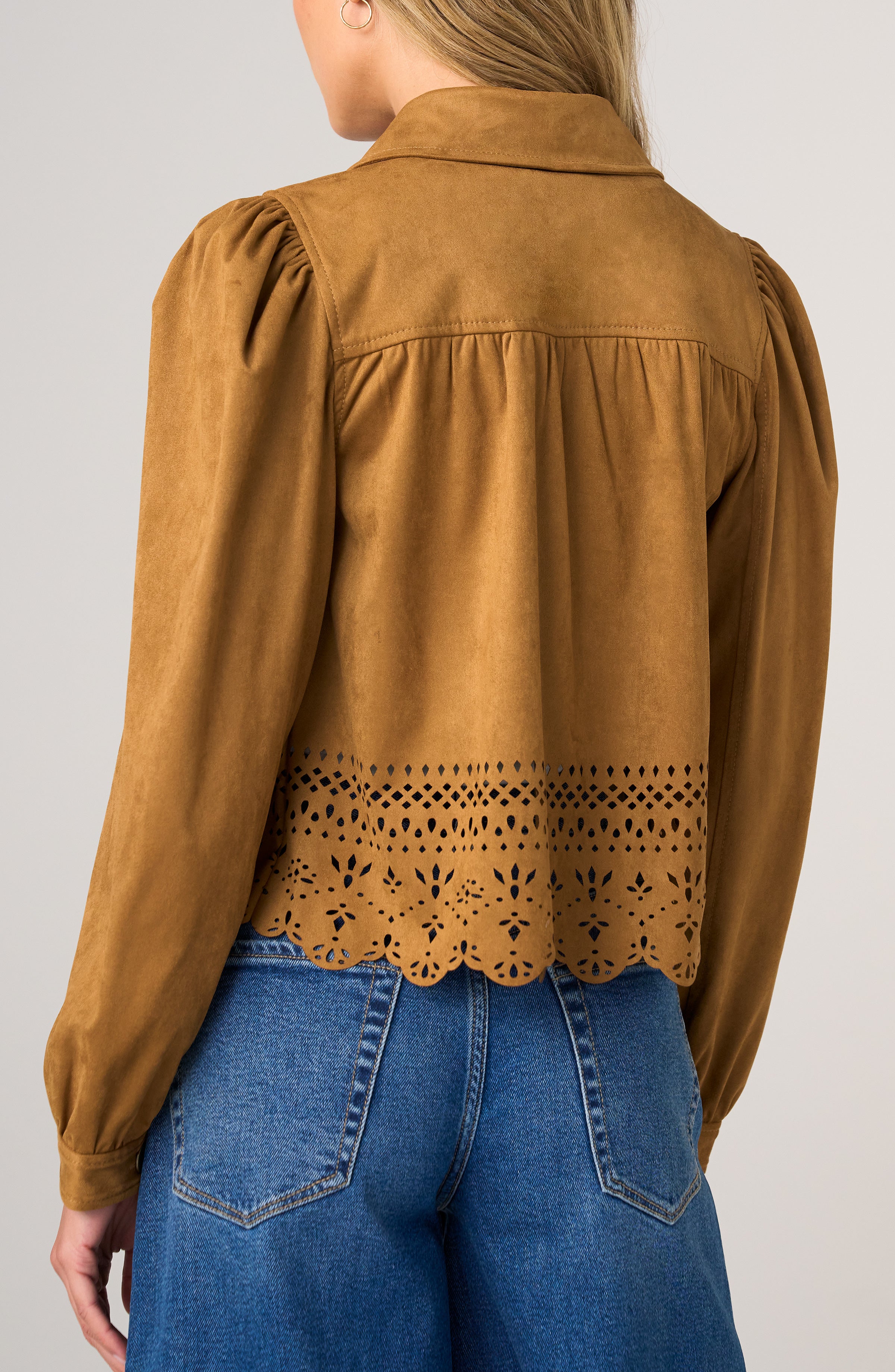 Liverpool Puff Sleeve Faux Suede Jacket with Laser Cut Hem at ooh la la! in Grapevine TX 76051