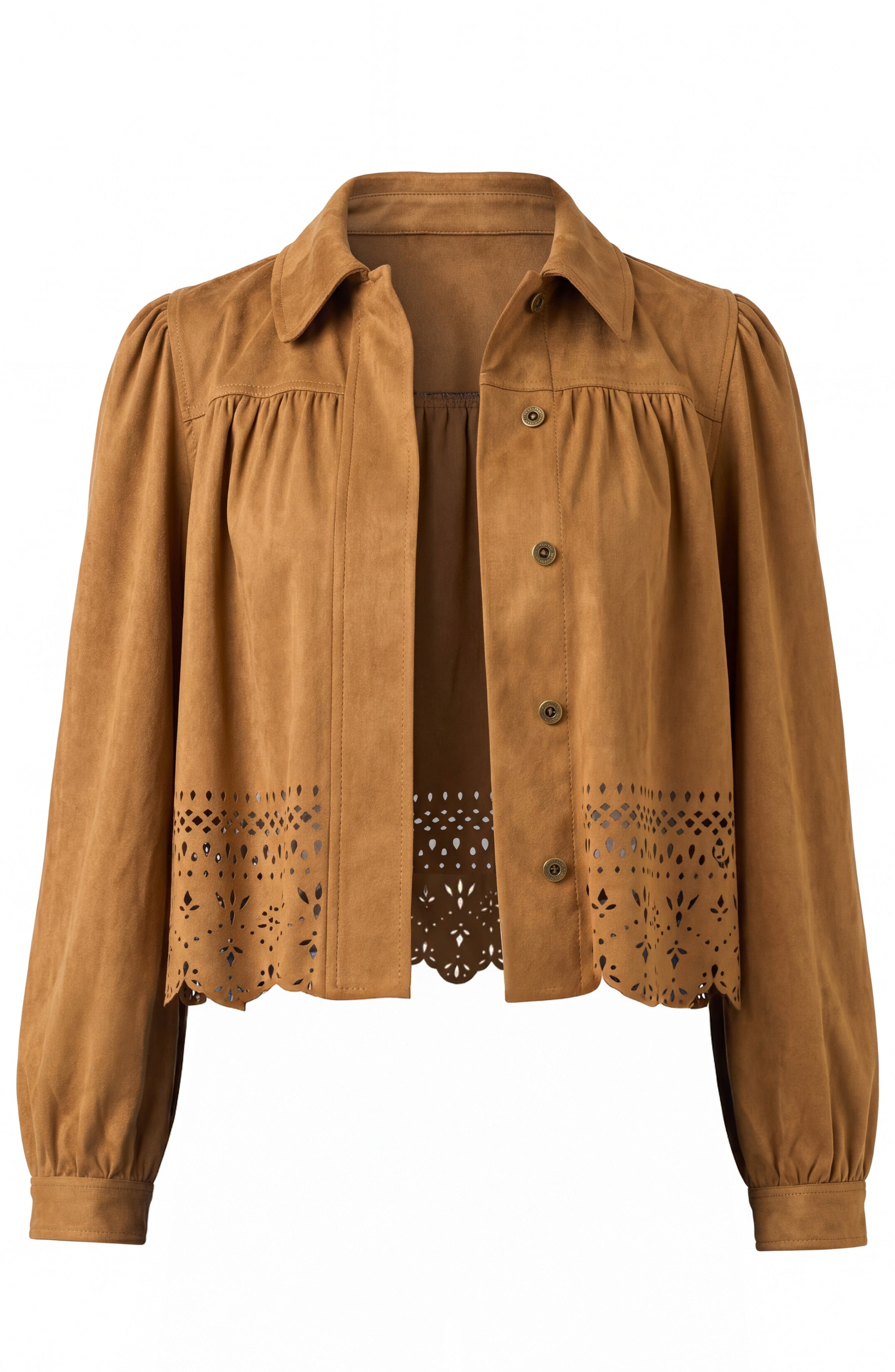 Liverpool Puff Sleeve Faux Suede Jacket with Laser Cut Hem at ooh la la! in Grapevine TX 76051