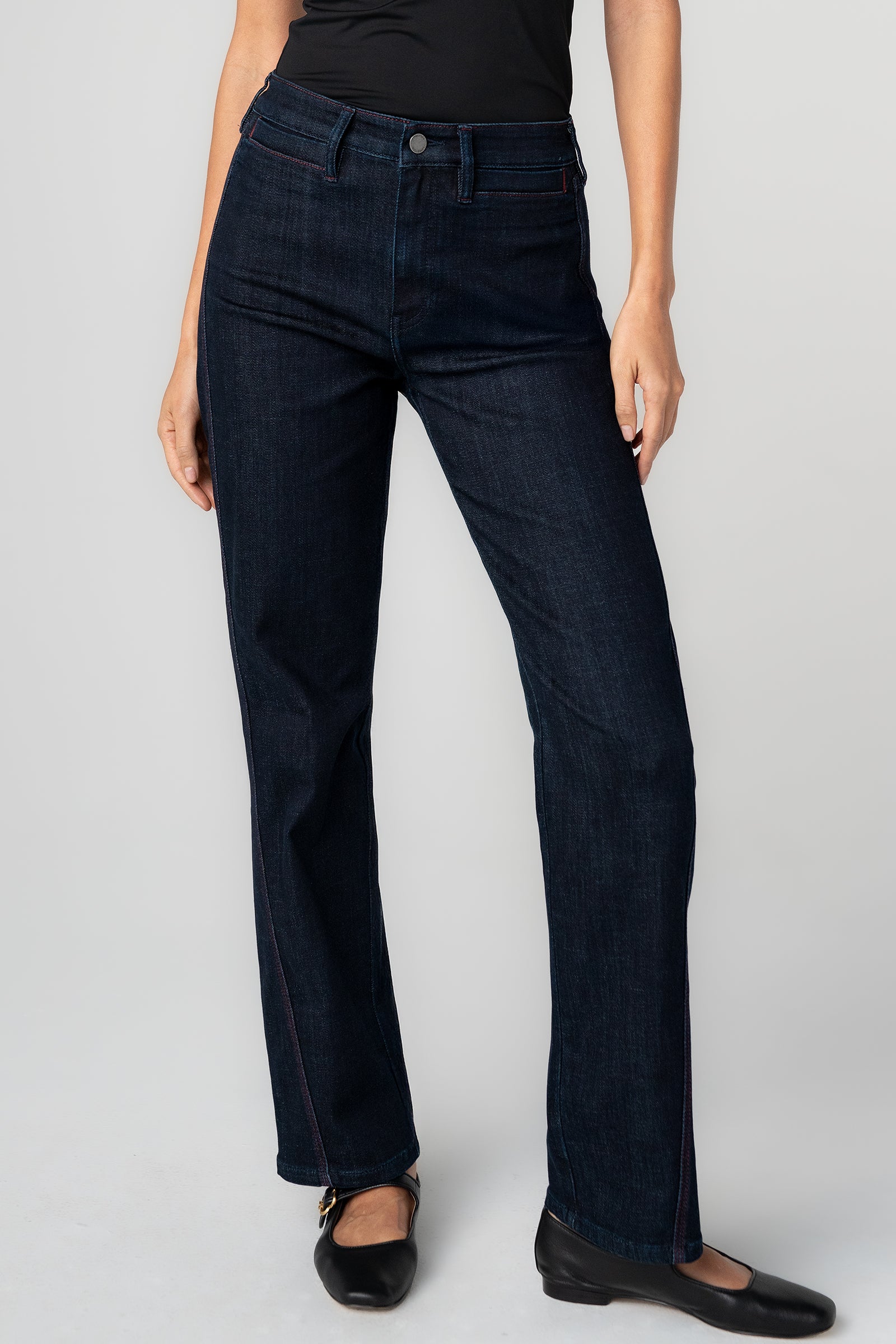 Liverpool Kennedy Straight Jeans with Red Side Stitch Detail in midnight eclipse at ooh la la! in Grapevine TX 76051