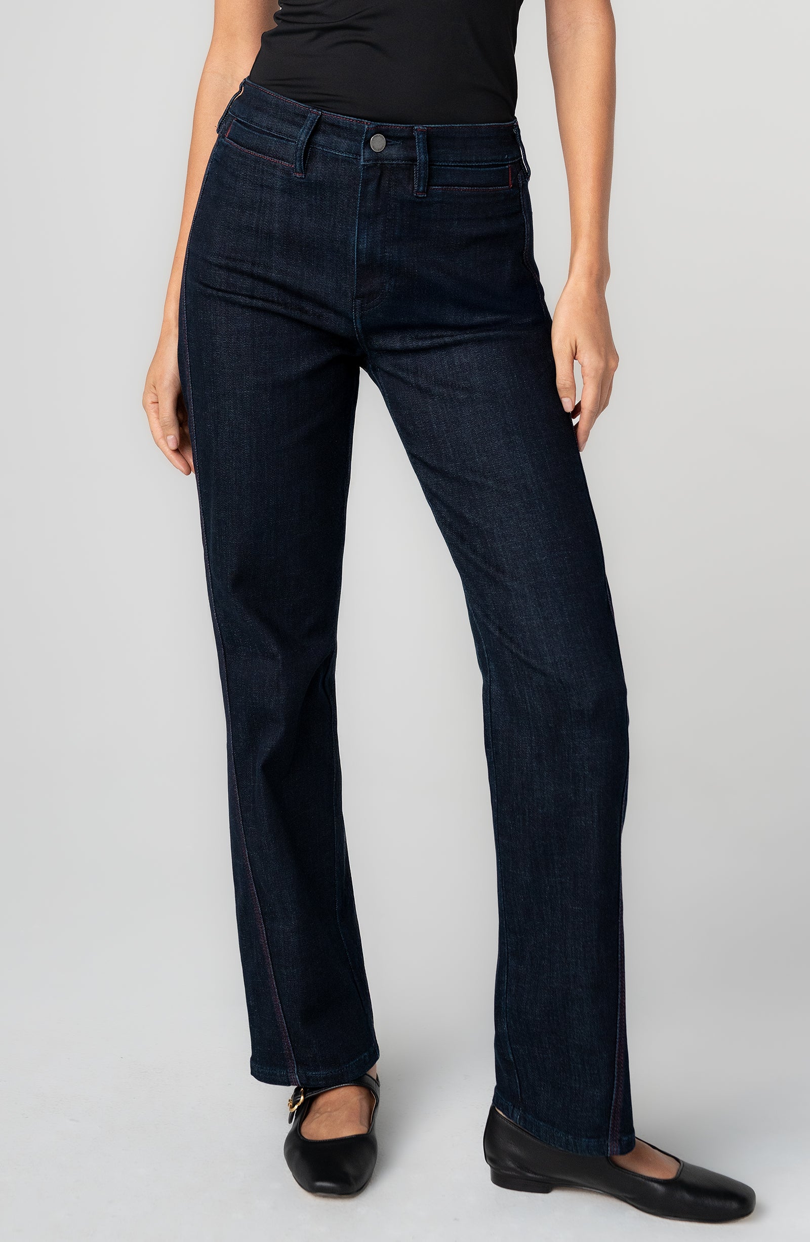 Liverpool Kennedy Straight Jeans with Red Side Stitch Detail in midnight eclipse at ooh la la! in Grapevine TX 76051