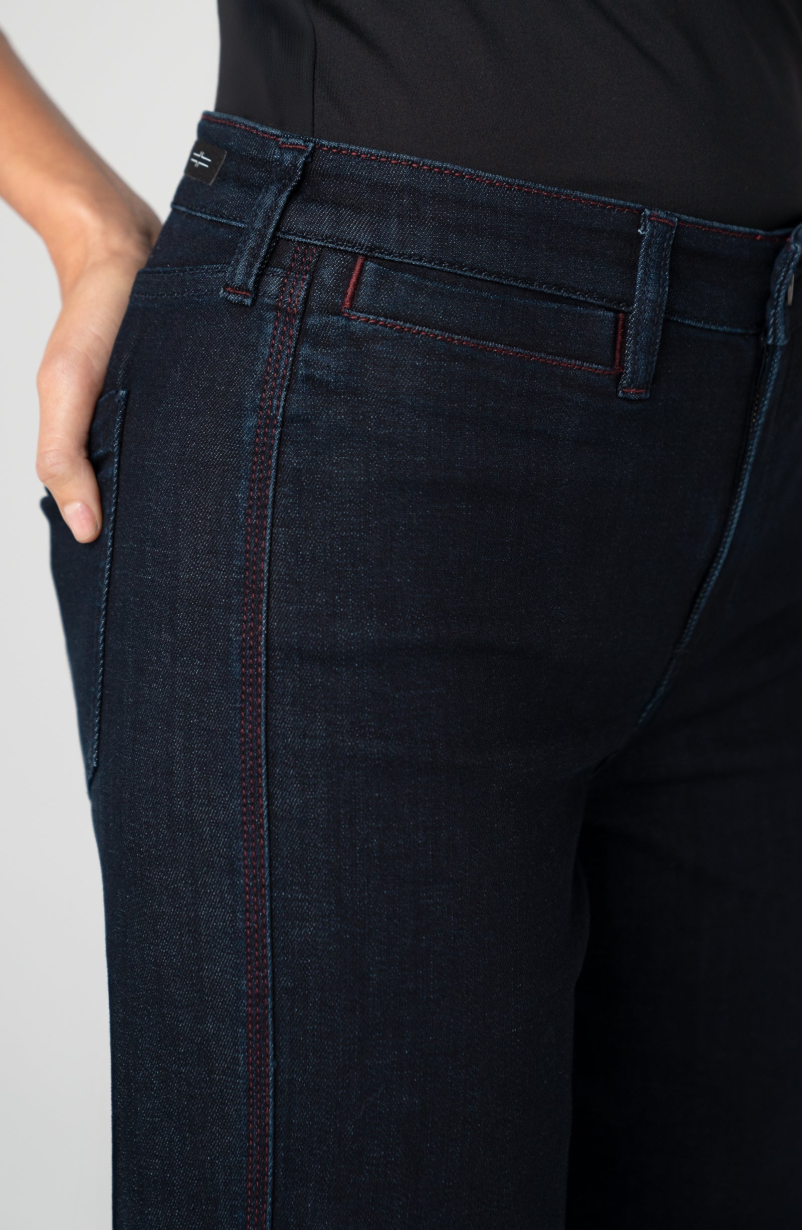 Liverpool Kennedy Straight Jeans with Red Side Stitch Detail in midnight eclipse at ooh la la! in Grapevine TX 76051