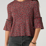 Liverpool Red Geo-Print Flared Half Sleeve Knit Top at ooh la la! in Grapevine TX 76051